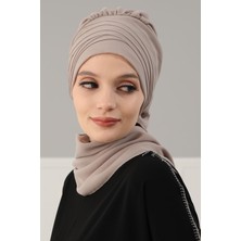 Mestore Çapraz Dikim Fularlı Tasarım Şifon Hazır Türban,ht-48 Vizon