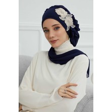 Mestore Yandan Fırfırlı Çiçek Aksesuarlı Şifon Hazır TÜRBAN,HT-102,HT-102 Lacivert-Gold