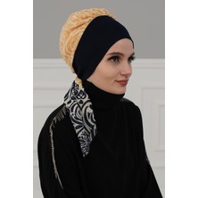 Mestore Desenli Şifon Hazır TÜRBAN,HT-65D Lacivert - Lacivert Sarı