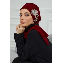 Mestore Yandan Taş Çiçek Aksesuarlı Şifon Hazır TÜRBAN,HT-104,HT-104 Bordo