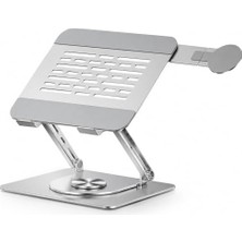 Laptop Stand Karbon Çelik 360° Döner Ergonomik Yükseklik Ayarlı Soğutucu Magsafe Uyumlu Telefon Tutuculu Gizlenebilir Notebook Tablet Uyumlu Gümüş