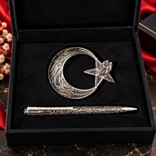 MSZ Silver 925 Ayar Gümüş Masaüstü Ay Yıldız Kalem ve Kalemlik Seti Özel Tasarım Hediyelik Telkari