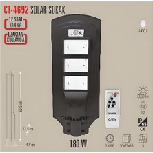 CT-4692 Solar Güneş Enerjili Uzaktan Kumandalı Bahçe Sokak Aydınlatma Lambası, 6400K, 180W