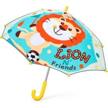 Çocuk Şemsiyesi Lion N' Friends 6 Telli Fiber Çift Katlı, Rüzgarda Kırılmaz, Aslan Baskılı, Sarı Saplı, Dayanıklı Fiber Tel, Çocuklara Özel