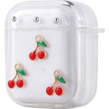 Airpods Uyumlu Kiraz Desenli Airbag 44 Simli Şeffaf Kutup Kılıf