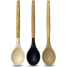 30 cm Silikon Servis Kaşığı, Bambu Saplı Derin Hazne ve Askı Deliği; 3 Renk Asorti