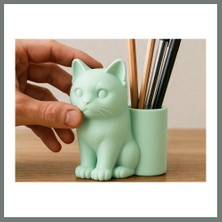 Bezos 3D Baskı Kedi Figürlü Kalemlik - Masaüstü Organizer - Mint Mmbz