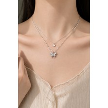 Trend Collection Gümüş Renk Çift Katmanlı Kelebek Figürlü Kadın Kolye