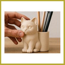 Bezos 3D Baskı Kedi Figürlü Kalemlik - Masaüstü Organizer - Bej Bcks