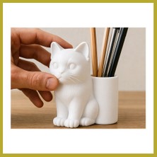 Bezos 3D Baskı Kedi Figürlü Kalemlik - Masaüstü Organizer - Beyaz Bcks