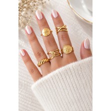 Trend Collection Kadın Altın Renk Çelik Yüzük Set (5'li) Ayarlanabilir Modern Tasarım