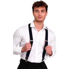 Lacivert Pantolon Askısı; Elastik Kumaş ve Deri, Metal Klips, Tek Beden, Erkek