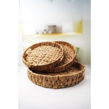 Rustik El Yapımı Yuvarlak Hasır Tepsi Seti, 3'lü, Rattan, 38 * 6 Cm-34 * 5 Cm-30 * 24 * 4,5 cm