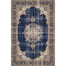 Rugzella Eskitme Lacivert Vintage Soluk Madalyon Desenli Krem Altın Salon Yıkanabilir Halı