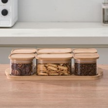 Kahvaltılık Seti; Amberhaus Bambu Kapaklı Cam | Ahşap Standlı | Tezgah Üstü Baharat ve Kuruyemiş Düzenleyici Kavanoz (4'lü ve 6'lı Seçenek) (Bambu, 6'lı Set, Model 2)