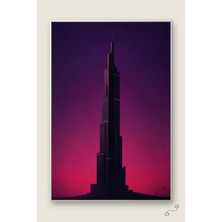 Fütüristik Kule Silüeti — Grafik Poster — 30×40 cm — Beyaz Metal Çerçeveli Kanvas Tablo