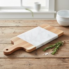 Sunumluk; Akasya Mermer 33X13 Cm, Doğal Ahşap ve Beyaz Mermer Detaylı Peynir, Şarküteri ve Kahvaltı Sunum Tahtası