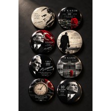 Mashspot 8'li 58 mm Atatürk Rozeti Seti 10 Kasım Anma Özel Tasarım Iğneli Buton Rozet