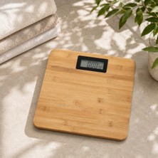 Dijital Banyo Baskülü Bambu Desenli LCD Ekranlı Vücut Tartısı, 180 kg Kapasiteli, Sıcaklık Göstergeli, Otomatik Açılıp Kapanan Kişisel Tartı
