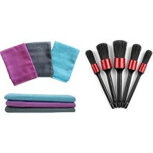 Toplam 8 Parça: 3 Parça 50X70 Mikrofiber Temizlik Bezi ve 5 Parça Araba Detay Temizlik Fırçası Seti