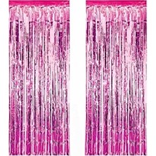 45 cm × 200 cm Metalize Arka Fon Kapı Perdesi Püsküllü Fon Süsü Pembe, 2 Adet