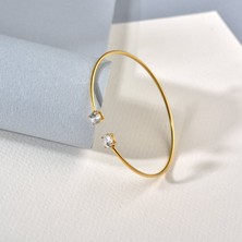 Nox Jewelry 14 Ayar Altın Kaplama 925 Ayar Gümüş Çift Zirkon Taşlı Açık Uçlu Ince Kelepçe Bileklik - BTS00100