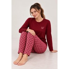 Gd Goldoremi Kadın Kalp Desenli Likralı Termal Kumaş Bordo Uzun Kollu Pijama Takımı