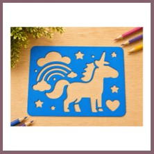 Bezos 3D Baskı Unicorn ve Gökkuşağı Çizim Şablonu - Desen Kalıbı - Mavi Bzss