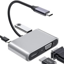 4K Usb-C - HDMI VGA Çok Portlu Dönüştürücü, Gri, USB Flash Bellek Portlu