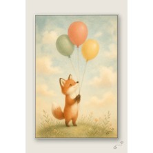 Sevimli Tilki ve Balonlar — 30×40 cm — Beyaz Metal Çerçeveli Kanvas Tablo