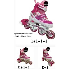 Işıklı Çocuk Pateni, Ayarlanabilir, Frenli, Silikon Tekerli, Metal Gövdeli, Unisex, Pembe, 34-37 Beden