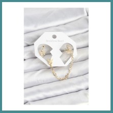 Bezos Kelebek Model Pirinç Gold Renk Zincir Bağlantılı Ear Cuff Küpe Seti Mac