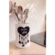 Evyeri Cocina Con Amor Baskılı Seramik Kaşıklık ve Saklama Kabı 12X14,5 cm Dekoratif Seramik Mutfak Düzenleyici