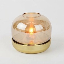 Hediye Fikri Amber Cam Kubbeli Gold LED Mum Alev Efektli Pilli Dekoratif Mumluk 9 x 7,5 cm