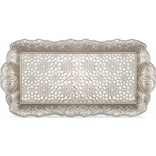 MUJGAN Alisveristime Osmanlı Motifli Küçük Metal Servis Tepsisi – Dekoratif Sunum Tepsisi, 36 x 18 Cm, 306 G (Gümüş Grisi)