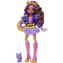 MUJGAN Mor Motosiklet Ceketi ve Tüylü Etek Giyen Monster High Clawdeen Wolf Bebek, Kurt Crescent ve Kitap, Kruvasan ve Çanta Gibi 7 Aksesuar, JHK30