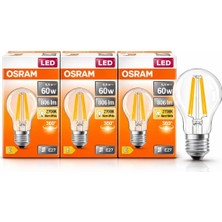 MUJGAN Osram LED Filament Ampul 6.5W (60W Eşdeğer) 2700K Sarı Işık 806 Lümen E27 Duy – 3’lü Paket – E Enerji Sınıfı – 360° Işık – 105X60 mm – Dimmer Uyumlu Değil
