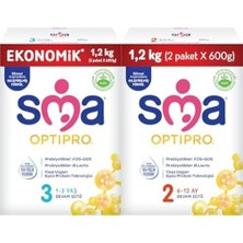 MUJGAN Sma Optipro 3, 1-3 Yaş Devam Sütü, 1.2 kg (2 x 600 G) ve Sma Optipro 2, 6-12 Ay Bebek Sütü, 1.2 kg (2 x 600 G)
