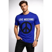 Love Moschino %100 Pamuk Regular Fit Large Peace Logo T Shirt Mavi