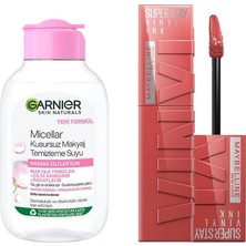 MUJGAN Garnier Skin Naturals Micellar Kusursuz Makyaj Temizleme Suyu (100 Ml) & Maybelline New York Super Stay Vinyl Ink Uzun Süre Kalıcı Likit Parlak Ruj 15 Peachy