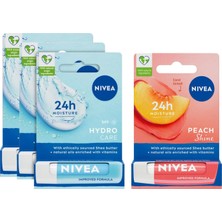 MUJGAN Nıvea Şeftali Dudak Bakım Kremi (4,8 G), 24 Saat Nem, Doğal Yağlar, Şeftali Kokusu + Nıvea Hydro Care Dudak Bakım Kremi, Aloe Vera, Saf Su ve Doğal Yağlar, Spf 15, Gün Boyu Dudak Bakımı (4,8g) X3