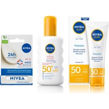 MUJGAN Nıvea Med Repair Dudak Bakım Kremi,spf 15 (4,8 Ml) ve Nıvea Sun Spf 50+ (200 Ml) ve Nıvea Sun Spf 50 Hassas Yatıştıran Nemlendirici Güneş Yüz Kremi 50 ml