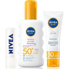MUJGAN Nıvea Sun Hassas Güneş Koruyucu Kişisel Bakım SETI,SPF50+ Yüz Güneş Kremi 50 Ml,dudak Bakım Kremi