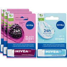 MUJGAN Nıvea Böğürtlen Dudak Bakım Kremi,24 Saat Nem,hafif Bordo Işıltı,gün Boyu Dudak Bakımı, Böğürtlen Kokusu, 4.8 gr X3 + Nıvea Hydro Care Dudak Bakım Kremi,24 Saat Nem,spf 15,gün Boyu Dudak Bakımı (4,8g)