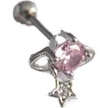 MUJGAN 316L Çelik Gümüş Renk Pembe Zirkon Taşlı Sallantı Yıldız Detay Tragus Piercing - TJ-PR1237