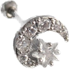 MUJGAN 316L Çelik Gümüş Renk Zirkon Taşlı Ay Yıldız Tragus Piercing - TJ-PR1257