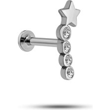 MUJGAN Nereze 925 Ayar Gümüş Rodyumlu Minimal Kayan Yıldız Dört Taşlı Tragus Piercing Küpe