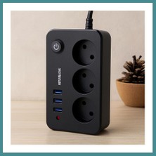 Bezos Anahtarlı Termal Korumalı 3'lü Priz + 3xusb 2.1A 2m Uzatma Kablosu Siyah Mac
