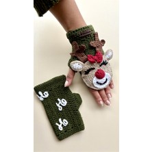 Gözde Tasarım Butik Kadın Haki Renk Yılbaşı Noel Temalı Geyik Figürlü Parmaksız Örgü Eldiven
