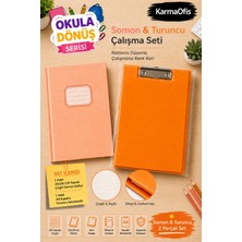 KarmaOfis 2 Parça Somon Çizgili Defter ve Kapaklı Turuncu Sekreterlik Seti | 20X28 cm 120 Yaprak Sert Kapak Defter + A4 Sekreterlik